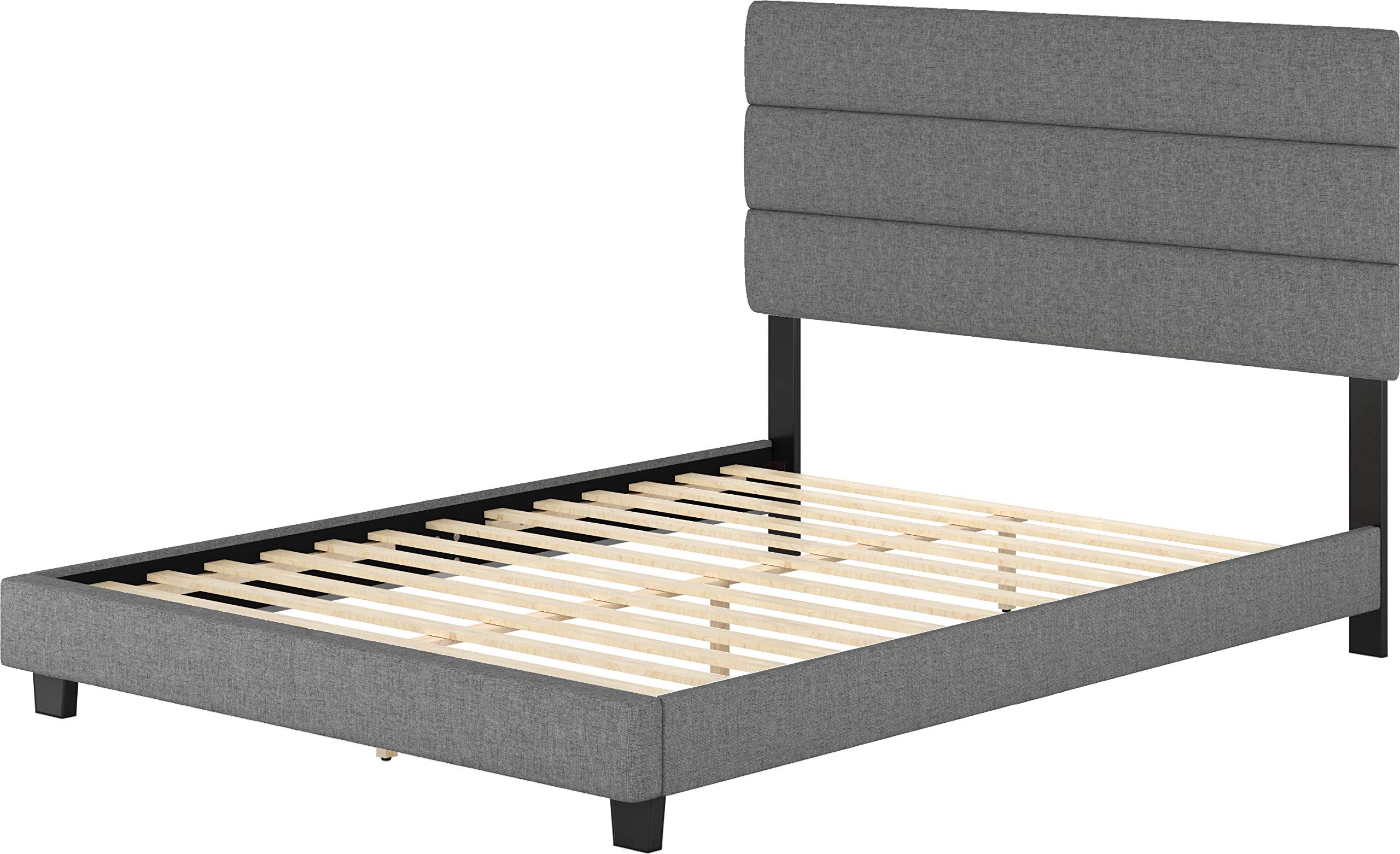Boyd Sleep Sicily Upholstered Platform Bed Frame Mattress Foundation With Tri-Panel Headboard And Strong Wood Slat Supports: Linen, Grey, Full
